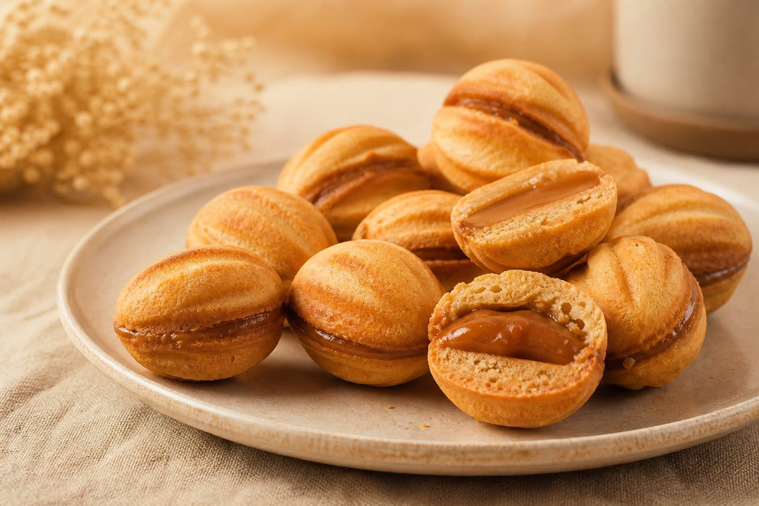 Biscuits oreshki faits maison au caramel sur une assiette en céramique beige